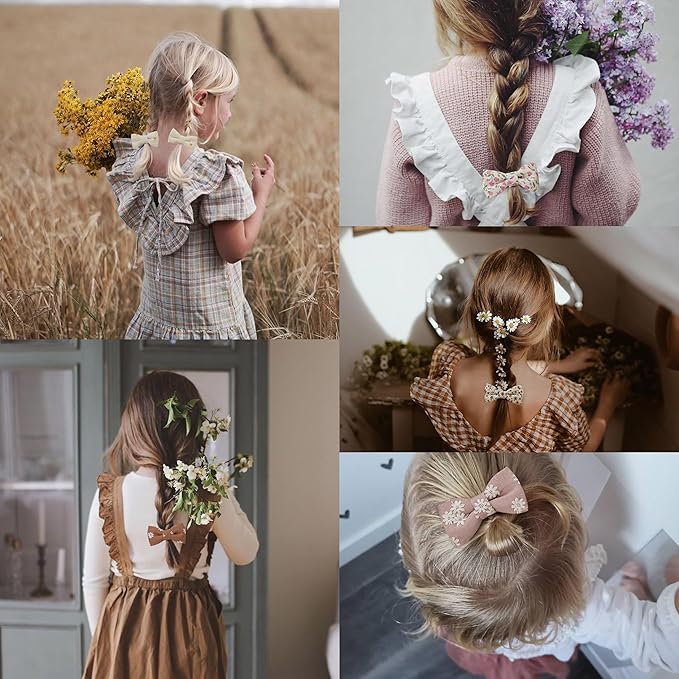 Baby Toddler Girls Hair Ties with Linen Bows Embroidered Flower,20 pcs No Damage Elastic Nylon Hair Bands Ponytail Holders,Small Hair Accessories Gifts for Girls Kids Children Thick Thin Hair