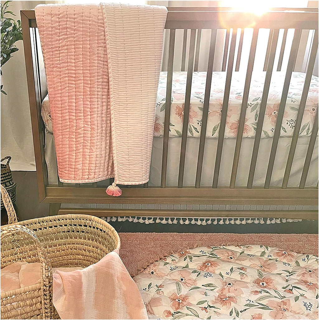 Crane Baby Floral Crib Sheets, 100% Cotton, Breathable Baby Bedding for Standard Mattress, Pink Nursery Decor, Machine Washable Pink Floral Crib, Toddler Sheets