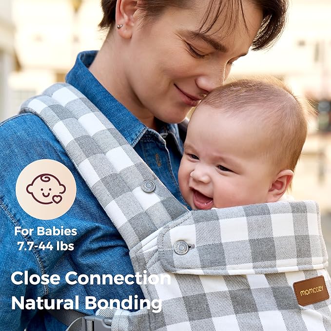 Momcozy Baby Carrier with Natural Cotton Linen, Built to Last, Ergonomic Design, Lightweight and Comfortable, Hands-Free for Moms&Dads, Slate Checkerboard