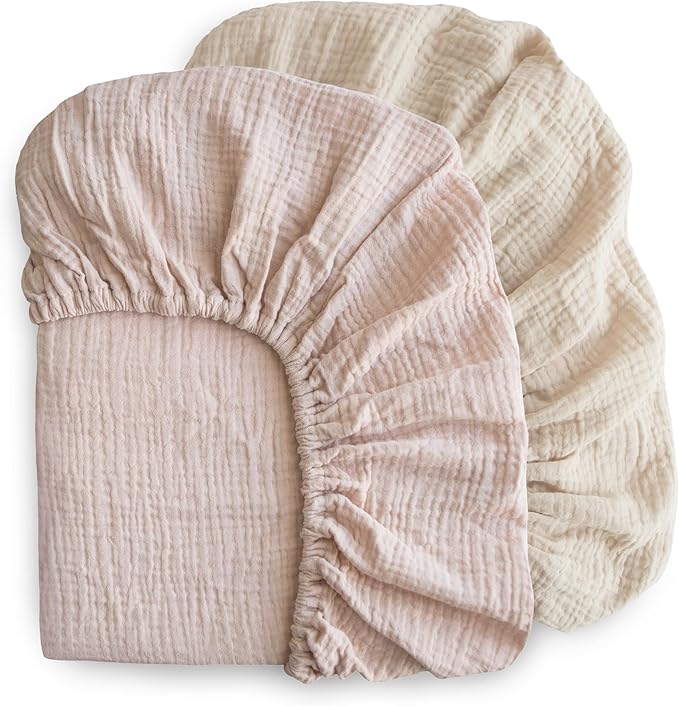 mushie Extra Soft Muslin Fitted Crib Sheet 2-Pack | 192 Thread Count | 28"x 52" (Blush/Fog)