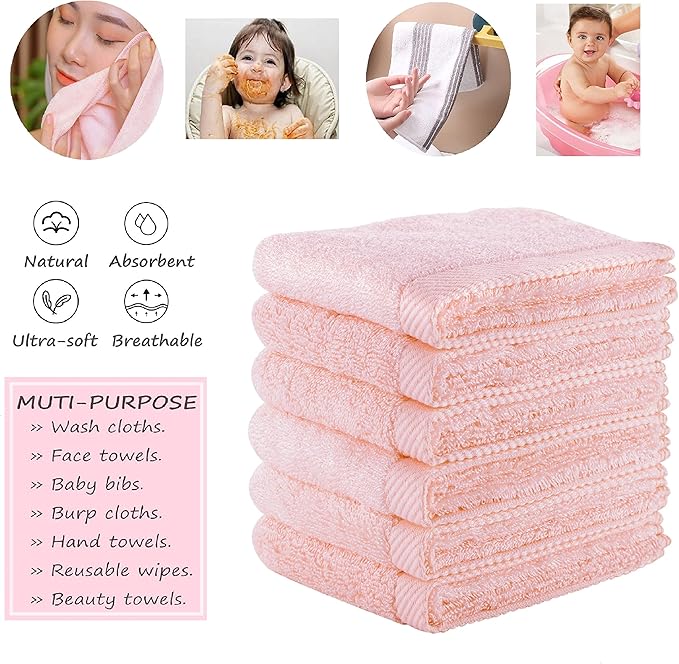 Mother-Earth 6-Pack Bath Washcloths 12"x12" - Soft and Absorbent Face Towels, Quick-Drying Wash Cloths for Sensitive Skin, Premium Quality for Daily Use (Pink Cotton)
