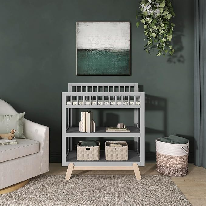 Dream On Me Hygge Baby Nusery Changing Table, Elevated Safety Rails, Water-Resistant Changing Pad & Safety Belt, Spacious Storage Shelves, GREENGUARD Gold & JPMA Certified – Pebble Grey Oak