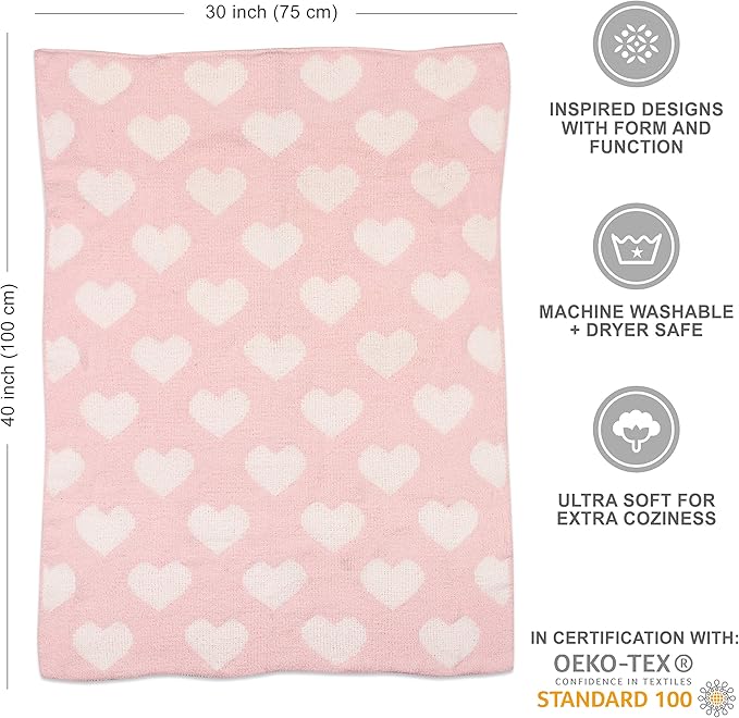 Living Textiles Pink Hearts Chenille Soft Baby Blanket Reversible Premium Cozy Fabric for Best Comfort - for Infant,Toddler,Newborn,Nursery,Girl,Throw,Crib,Stroller,Gift, Pink Hearts 40x30