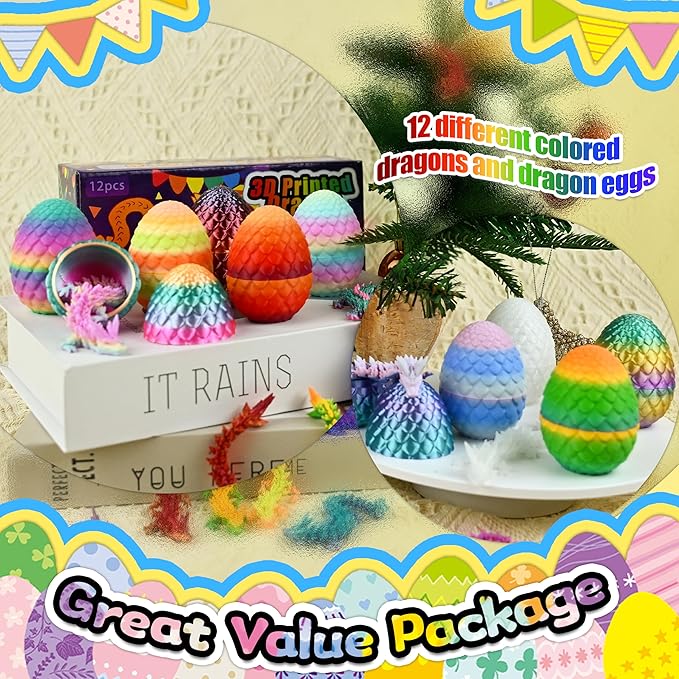 12PCS 3D Printed Dragon Eggs with Dragon Inside, Unique Fun Gifts Cool Stuff Cool Gadgets for Men Teens Boy Gifts, Mini Articulated Easter Basket Essentials for Kids