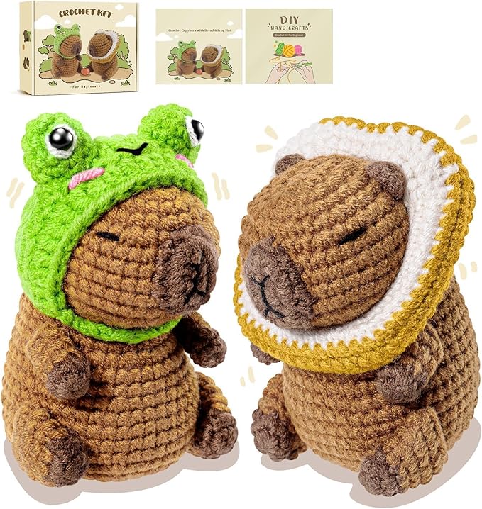 Capybara Crochet Kit for Beginners, 2PCS Capybara with Frog and Bread Hats Crochet Animal Kit with Step-by-Step Video Tutorials, Starters Crocheting Kits, Stuffed Animals Knitting Kit for Kids Adults