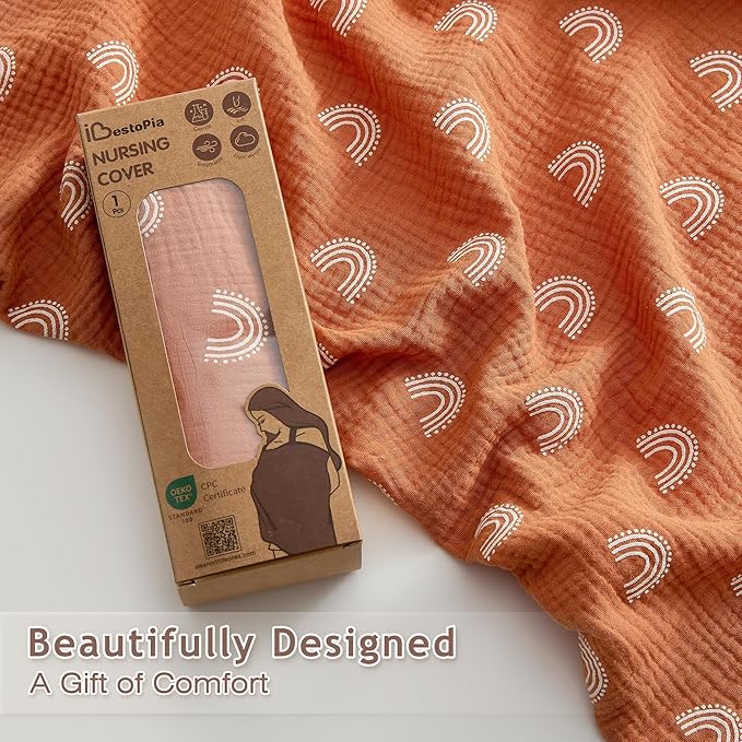 Nursing Cover 100% Cotton Breastfeeding Cover Privacy Muslin Stylish Full Coverage Nursing Scarf Gift Packaging (Rainbow Gradient)