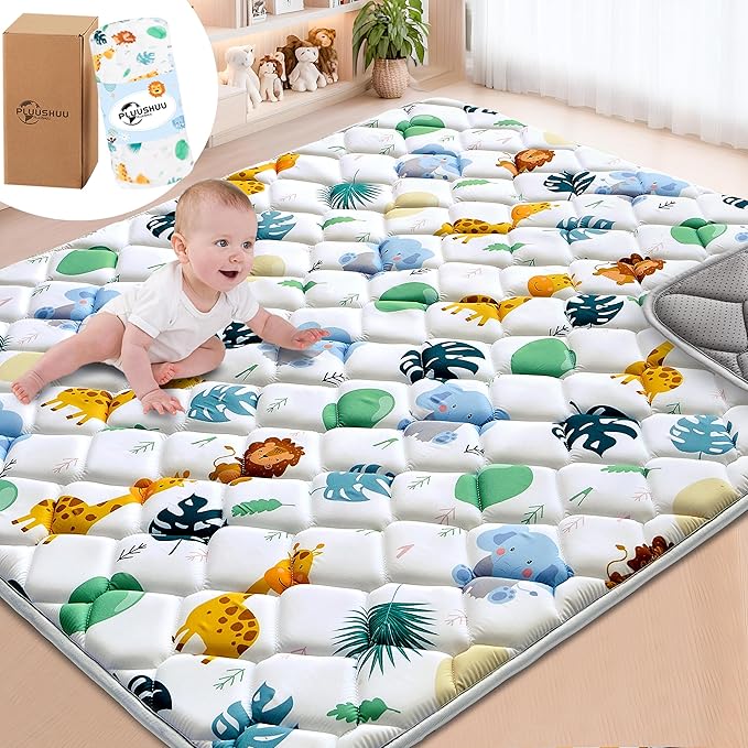 Baby Play Mats for Floor, 71x59 Playpen Mat for Babies, Extra Thicker & Soft Floor Crawling Mat, Foldable Non-Slip Playmat Cushioned for Infants Toddlers, Cute Animal Design