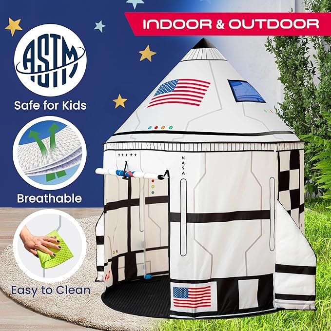 W&O Space Shuttle Explorer Tent with Blast-Off Button, LED Lights & 3 Space Toys – Rocket Ship Play Tent for Kids Ages 3-5