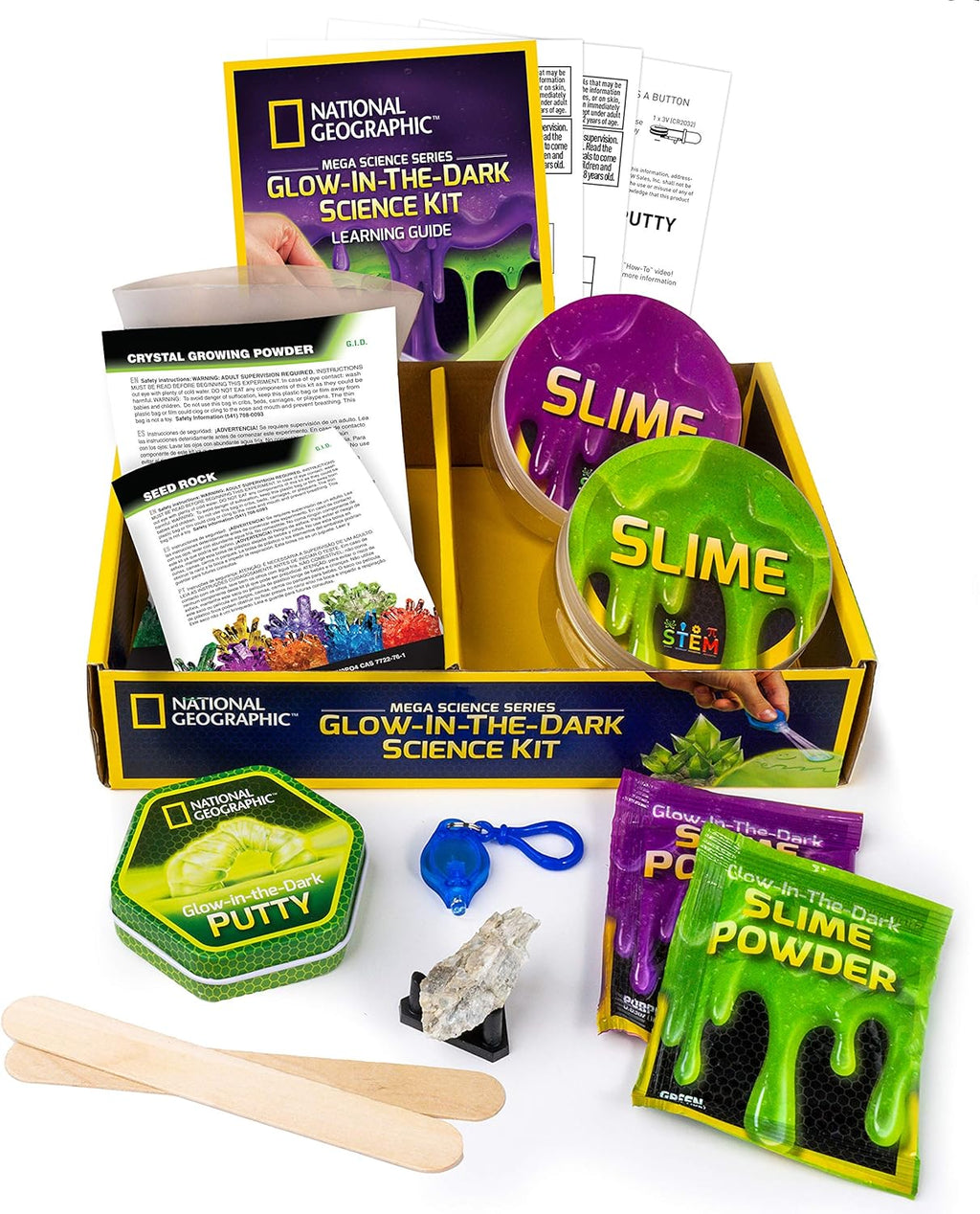 NATIONAL GEOGRAPHIC Mega Science Kit - Glow in The Dark Lab with Crystal Growing Kit, Slime Making, Glowing Putty, and More Science Experiments, Slime Kit for Boys and Girls (Amazon Exclusive)