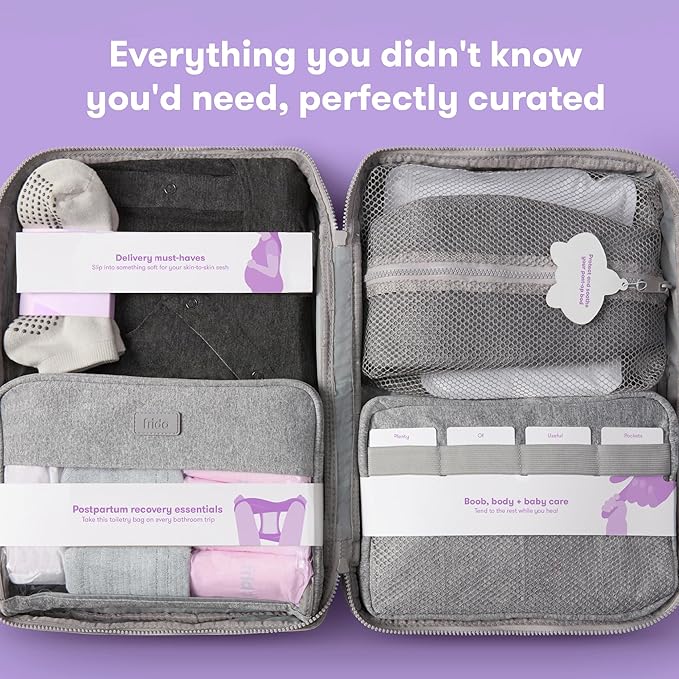 Frida Mom 30pc Pre-Packed Hosptial & Baby Essentials Travel Bag, Includes C-Section Delivery & Recovery Must Haves, & Newborn Grooming Kit, Easy to Organize, Removable Toiletry Bags & Suitcase Strap
