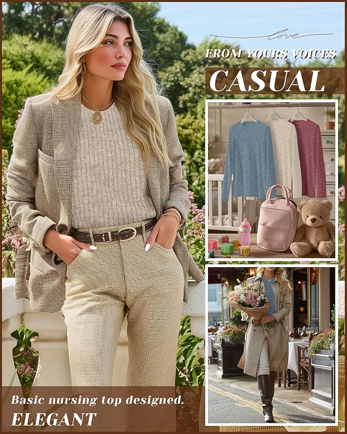 3 Pack Women's Nursing Long Sleeve Tops Breastfeeding Thermal Sweaters with Hidden Zipper Maternity Ribbed Shirts