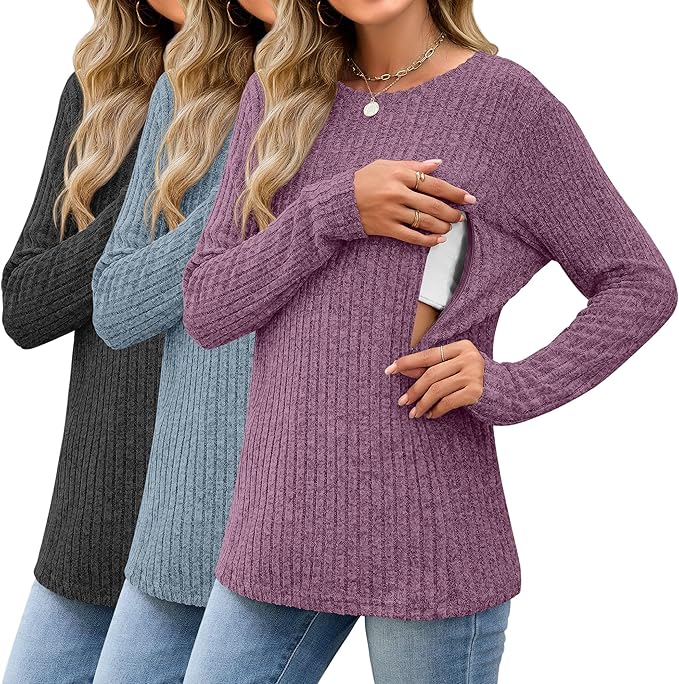 3 Pack Women's Nursing Long Sleeve Tops Breastfeeding Thermal Sweaters with Hidden Zipper Maternity Ribbed Shirts