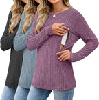 3 Pack Women's Nursing Long Sleeve Tops Breastfeeding Thermal Sweaters with Hidden Zipper Maternity Ribbed Shirts
