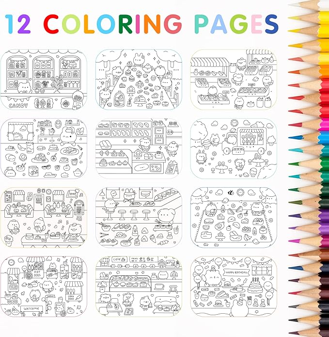 Girly Sticker Book Activity for Kids, Cute Foods Around Town by Cupkin, Toddler Airplane Travel Essentials, 500+ Stickers for Kids 12 Scenes + Coloring Book Pages, Crafts Ages 2-8