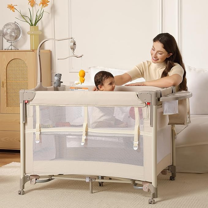 Pack and Play, Baby Bassinets Bedside Sleeper, Portable Crib, Diaper Changing Table & Baby Play Yard - Breathable Mesh & Steel Frame - Foldable for Newborn to Toddler (Cream Color)