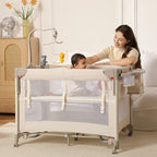 Pack and Play, Baby Bassinets Bedside Sleeper, Portable Crib, Diaper Changing Table & Baby Play Yard - Breathable Mesh & Steel Frame - Foldable for Newborn to Toddler (Cream Color)