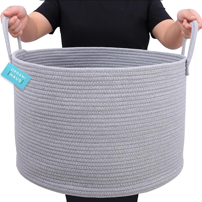 OrganiHaus Woven Laundry Basket, Large Cotton Rope Blanket Holder with Handles, Soft & Sturdy Nursery Hamper, Decorative Toy Bin for Living Room Organization 20x13 inches - Gray