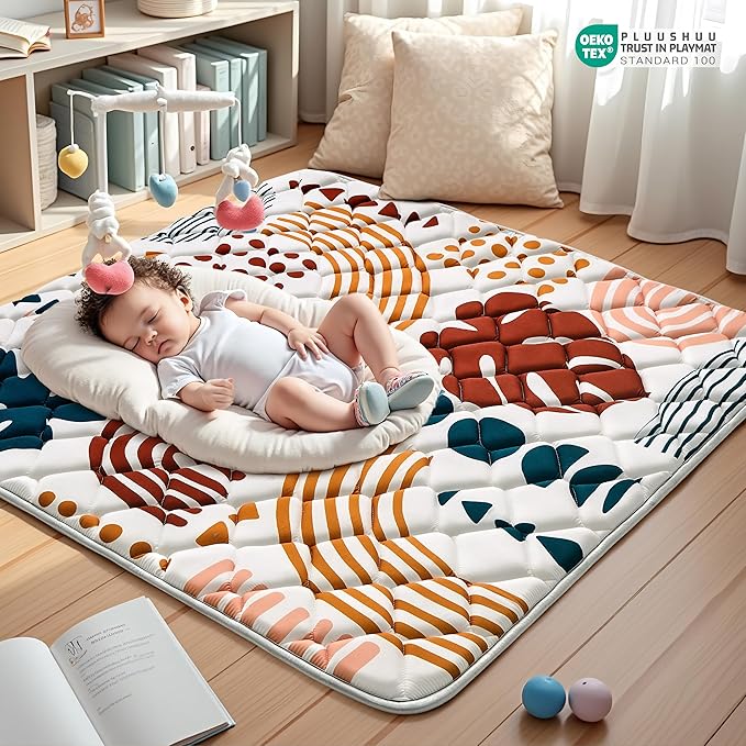 Baby Play Mats for Floor, 43x43 Playpen Mat for Babies, Extra Thicker & Soft Floor Crawling Mat, Foldable Non-Slip Playmat Cushioned for Infants Toddlers, Boho Leaf Design
