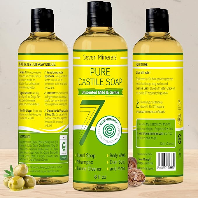 Pure Castile Soap - No Palm Oil, GMO-Free - Gentle Liquid Soap For Sensitive Skin & Baby Wash - All Natural Vegan Formula with Organic Carrier Oils (8 Fl Oz, An Unscented)