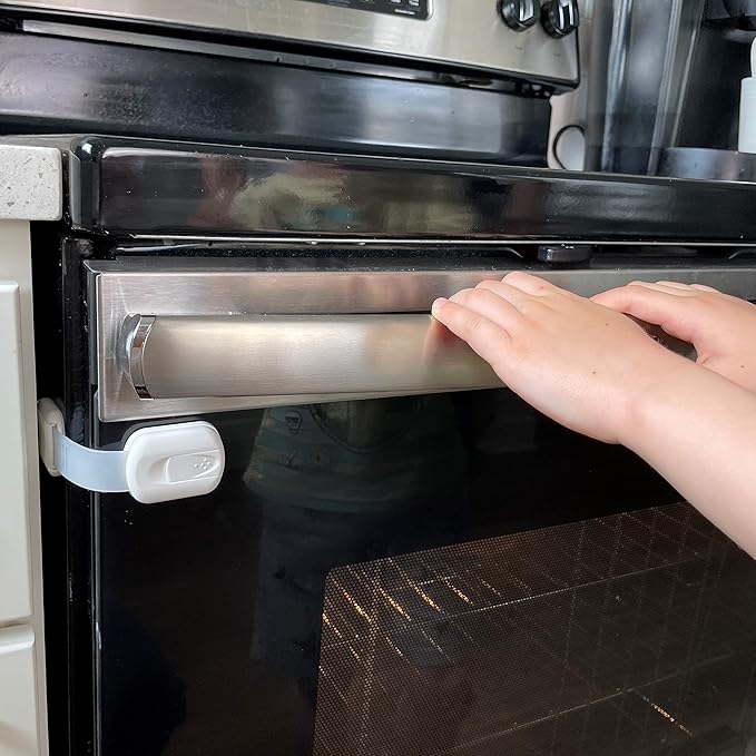 Vmaisi Baby Proofing Cabinet Locks - Childproofing Adjustable Multi Use Straps Latches for Drawers, Fridge, Dishwasher, Toilet Seat, Cupboard, Closet, Oven,Trash Can, Adhesive No Drilling (White) (4)