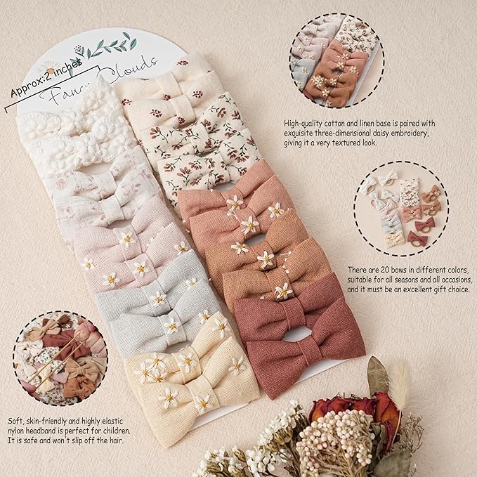 Fancy Clouds Baby Toddler Little Girls Hair Ties with 2" Linen Bows, 20 pcs No Damage Elastic Nylon Ponytail Holders Scrunchies for girls, Small Hair Accessories for Kids Thick or Thin Hair