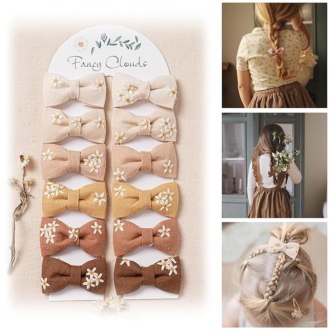 Baby Toddler Girls Hair Ties with Daisy Linen Bows,12 pcs No Damage Elastic Nylon Hair Bands Ponytail Holders,Small Hair Accessories Gifts for Girls Kids Children Thick Thin Hair