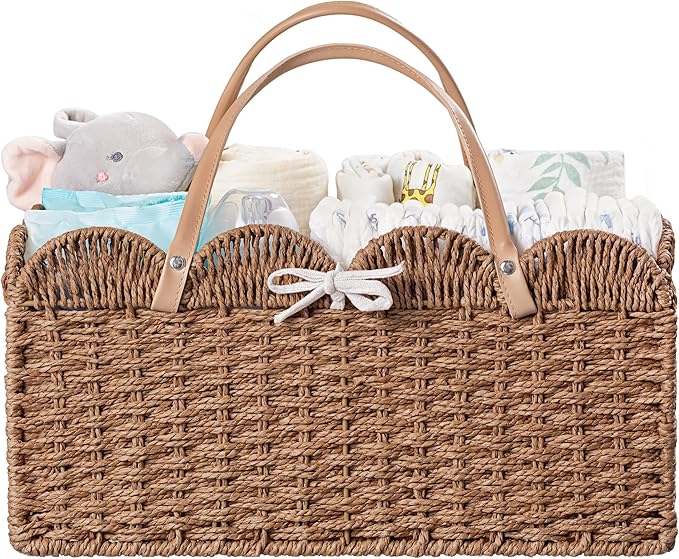 HBlife Baby Diaper Caddy, Paper Rope Storage Baskets Nursery Bin with Removable Divider, Portable Car Organizer for Diapers, Baby Shower Gifts, Newborn Essentials Must Haves