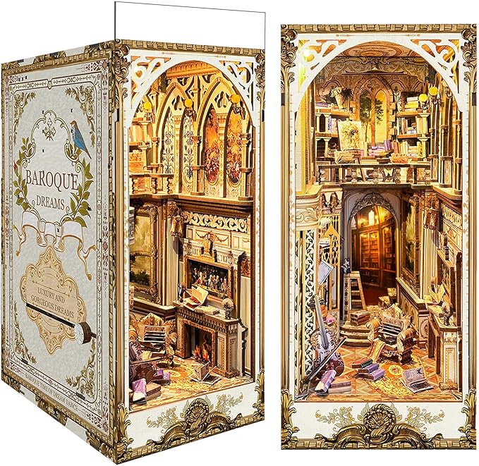 Book Nook Kit, DIY Miniature Dollhouse Kit Book Nook, 3D Wooden Puzzle Bookends for Bookshelf Insert Decor with LED Light for Teens and Adults (Baroque Dreams)