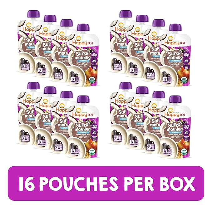 HAPPYTOT Organics Stage 4 Baby Food Pouches, Gluten Free, Vegan & Dairy Free Snack, Super Morning Fruit & Oat Blend, Apple, Acai, Coconutmilk, Oats & Chia, 4 Oz (Pack of 16)