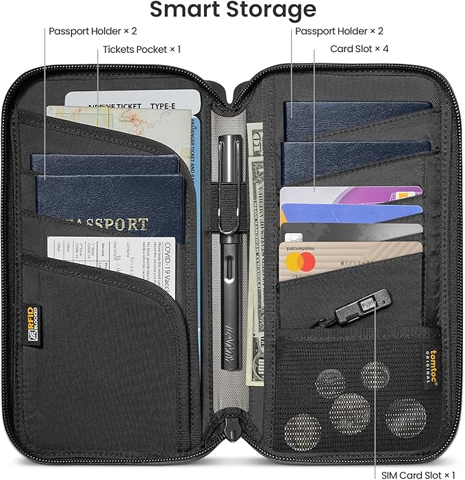 tomtoc Passport Holder Family with RFID Blocking, Passport Wallet Women Men, with Airtag & Sim Card Holder and Eject Pin, Travel Document Organizer with Wrist Strap, Up to 4 Passports, Water-resistant