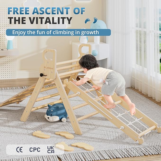 BlueWood 10-in-1 Pikler Triangle Set, Toddler Climbing Toys Indoor, Montessori Climber, Baby Jungle Gyms with Arch, Extra Rope Ladder & Footprint Balance Beam - Natural Rustic