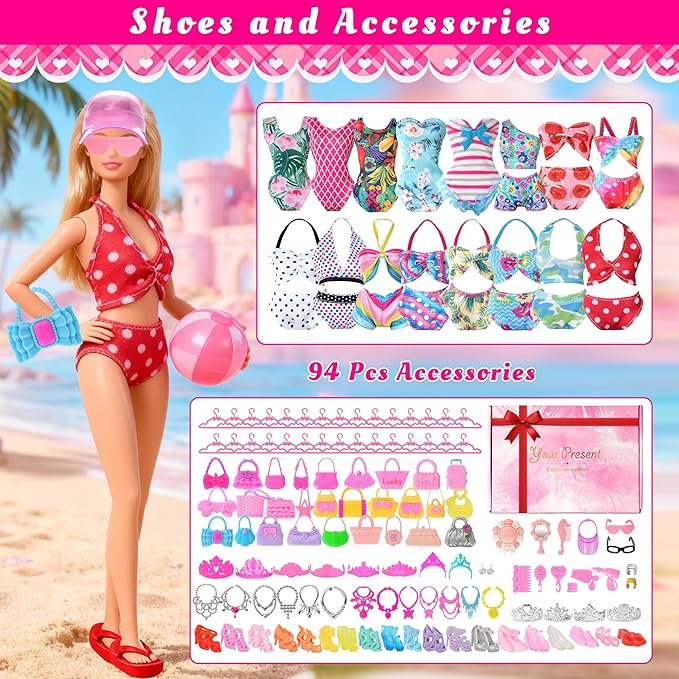 120Pcs Doll Clothes and Accessories, 5 Wedding Gowns 21 Dresses Including Evening Gowns, Fish Scale Skirts, Fashion Dresses, Swimsuits, Shoes, Hangers for Christmas Stocking Stuffers Girls Gift Age 3+