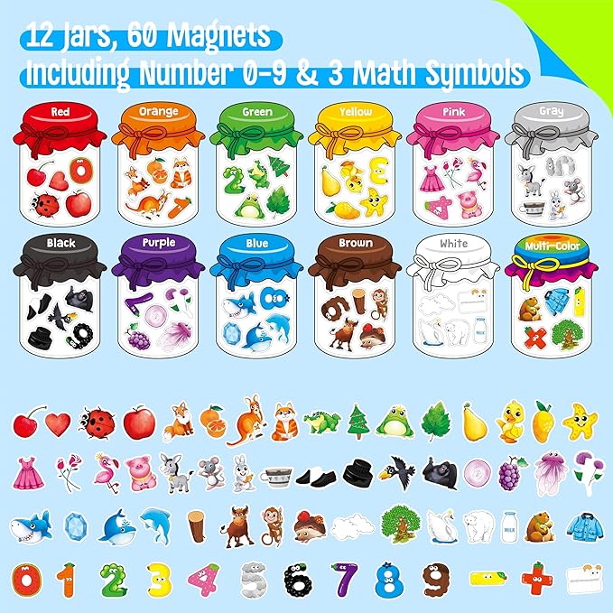 12 Pieces Magnetic Color Sorting Toys, 60 Color, Number & Math Symbol Magnets Early Educational Sorting Set for Refrigerator Whiteboard Baby Toddlers Kids
