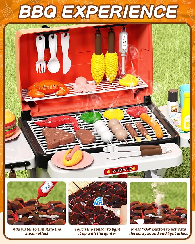60pcs Kids Play Kitchen Toys for Kids, Outdoor BBQ Grill Playset with Smoke Sound & Light, Play Toy Grill Set for Toddlers Boys Girls 3 4 5 6 7 8