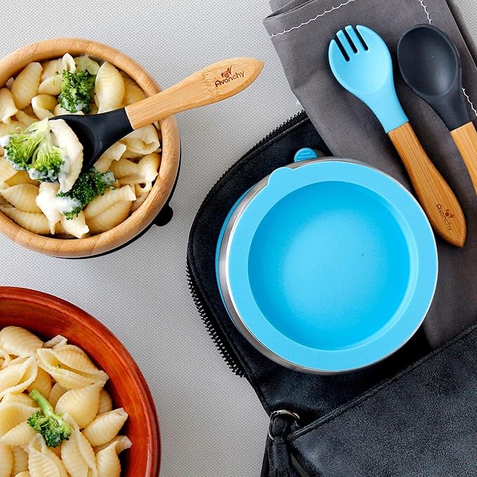 Avanchy Baby Fork Set, Bamboo and Silicone Spork Utensils, Toddler Baby Led Weaning Silverware Cutlery Flatware, Kids First Self Feeding