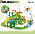 PicassoTiles Dinosaur Magnetic Tiles Racecar Track with 8 Magnet Tile Dino Toys 2 Cars Street Sign Accessory Kit Construction Building Blocks Educational Picasso Toy for Kids Ages 3 and up PTR02