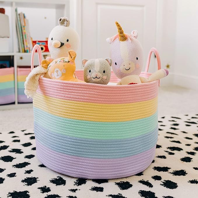 OrganiHaus Cute Basket for Pastel Rainbow Classroom Decor 20x13, Toy Basket Storage for Kids Room, Toy Bins for Kids Organizer, Large Blanket Basket Living Room, Rainbow Storage Bins, Nursery Hamper