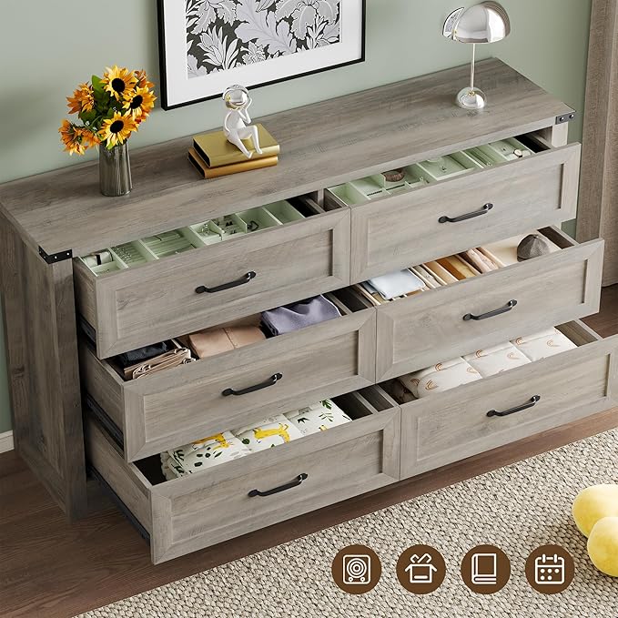 6-Drawer Dresser for Bedroom, Modern Wooden Chest of Drawers with Metal Handles, Anti-Tipping Design, Sturdy and Stable Storage Organizer for Living Room, Entryway, Home Office