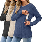 3 Pack Women's Nursing Long Sleeve Tops Breastfeeding Thermal Sweaters with Hidden Zipper Maternity Ribbed Shirts