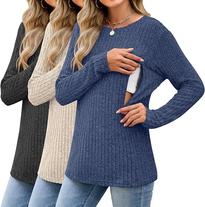 3 Pack Women's Nursing Long Sleeve Tops Breastfeeding Thermal Sweaters with Hidden Zipper Maternity Ribbed Shirts