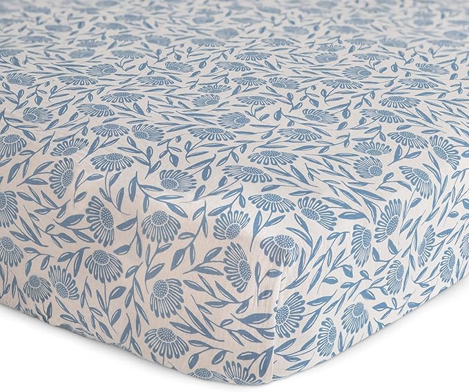 mushie Extra Soft Muslin Fitted Crib Sheet | 192 Thread Count | 28"x 52" (Blue Flowers)