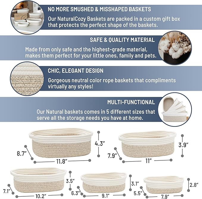 NaturalCozy 5-Piece Rectangle Storage Basket Set- Natural Cotton Rope Woven Baskets for Organizing! Small Basket for Montessori, Baby Nursery, Dog Toy Baskets, Cat Toy Box, Bathroom Organization Bin