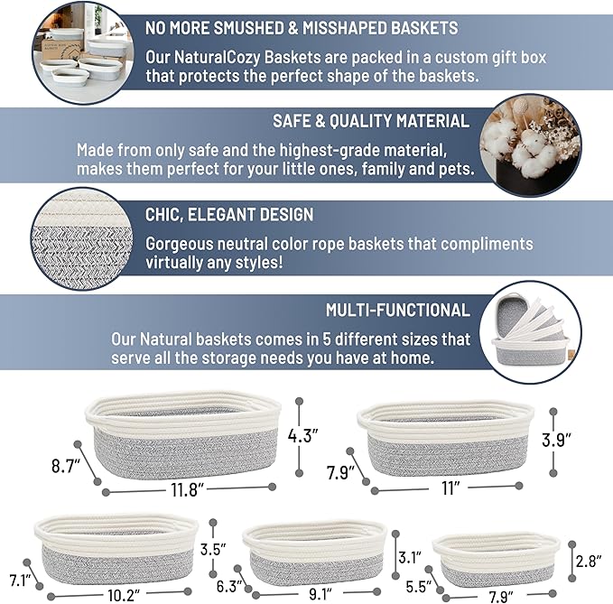 NaturalCozy 5-Piece Rectangle Storage Basket Set- Natural Cotton Rope Woven Baskets for Organizing! Small Basket for Montessori, Baby Nursery, Dog Toy Baskets, Cat Toy Box, Bathroom Organization Bin