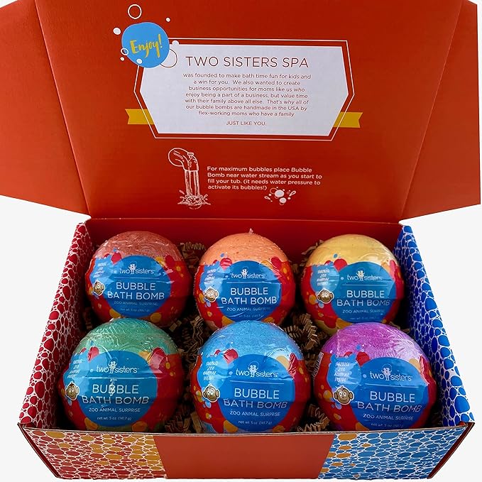 Zoo Animal Bath Bombs for Kids with Surprise Toys Inside (6 Pack) - Gentle and Safe, USA Made, Large Bubble Bomb & Ideal Gift for Boys & Girls by Two Sisters