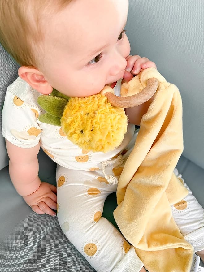MON AMI Pina Pineapple Wood Teether Security Blanket | 11-Inch Soft Velour Baby Blanket with Wooden Teething Ring | Perfect Newborn Essential for Birthdays & Baby Showers
