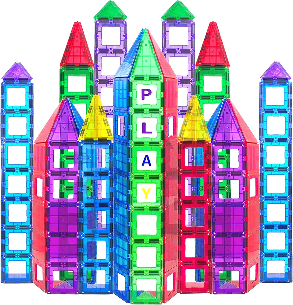 Magnetic Tiles Building Blocks - 113pcs Advanced Set - STEM Toys for 3+ Year Old Boys and Girls -Strongest Magnets - Includes 13 Piece Insert Alphabet Cards - Learning by Playing