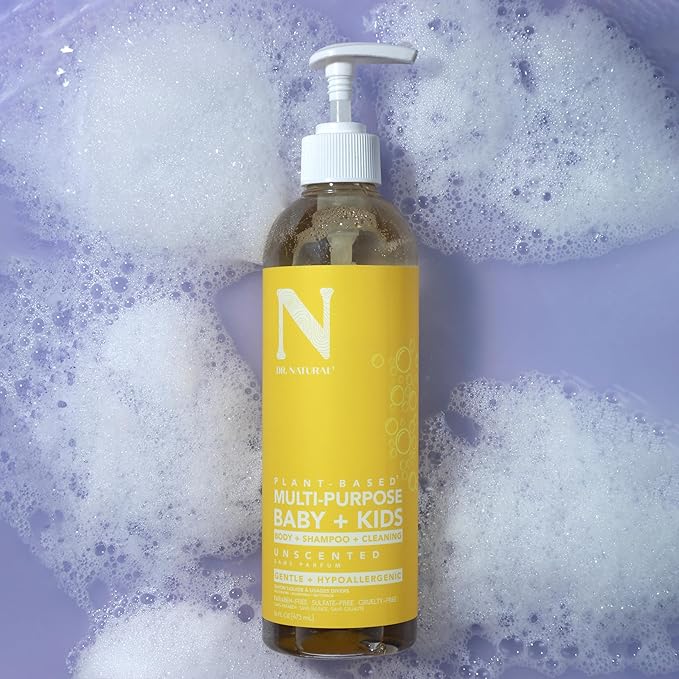 Dr. Natural Multi-Purpose Baby Plus Kids Soap - Body Wash and Shampoo - Gentle Soap with Shea Butter - Newborn Safe - Unscented - 16 oz