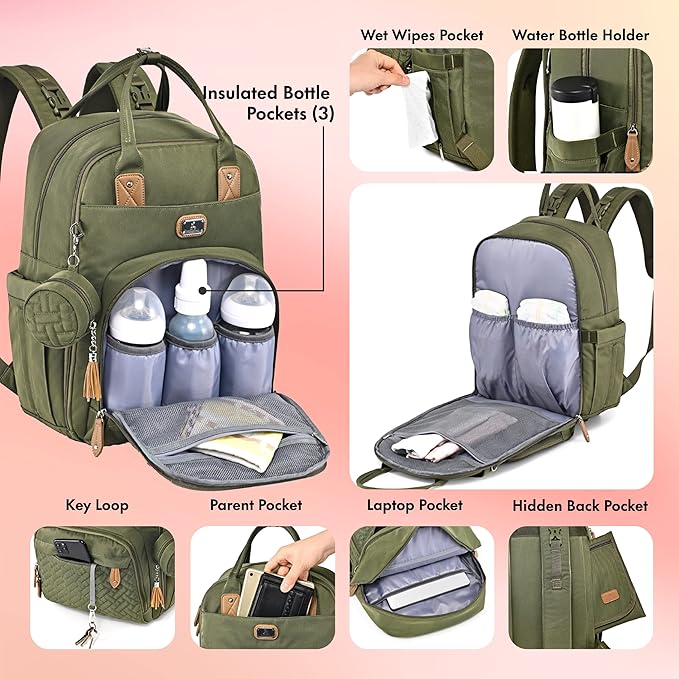 Dikaslon Diaper Bag Backpack with Portable Changing Pad, Pacifier Case and Stroller Straps, Large Unisex Baby Bags for Boys Girls, Multipurpose Travel Back Pack Moms Dads, Green