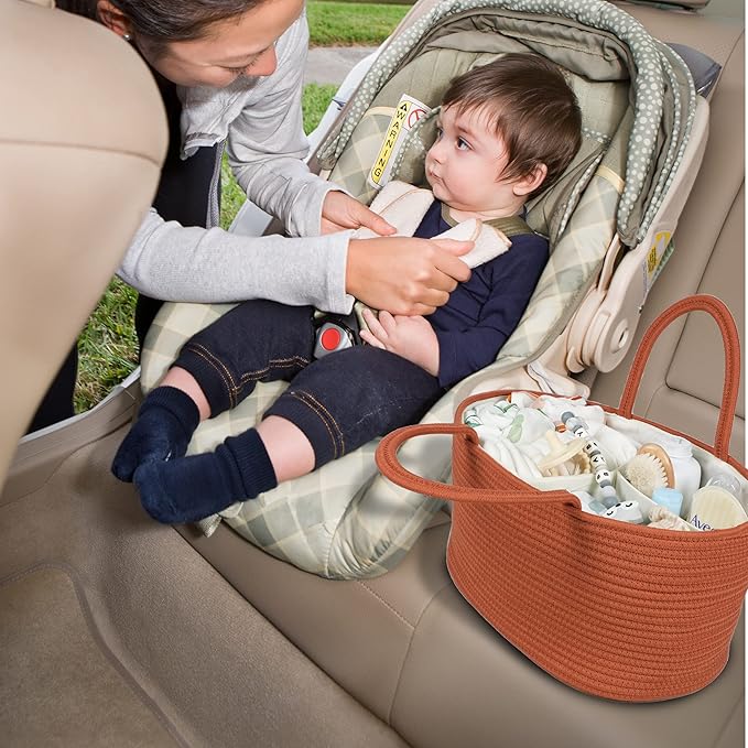 Large Baby Diaper Caddy Organizer for Girl Boy Rope Nursery Storage Bin Basket Portable Holder Tote Bag for Changing Table Car Travel Baby Shower Gifts Registry Must Haves Rustic