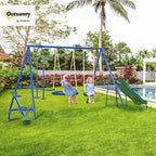 Outsunny Swing Set for Backyard, 5 in 1 Heavy-Duty A-Frame Stand Outdoor Playset for Kids with 29.5" Saucer Swing, Slide, Seesaw, Glider, Swing Seat, Blue